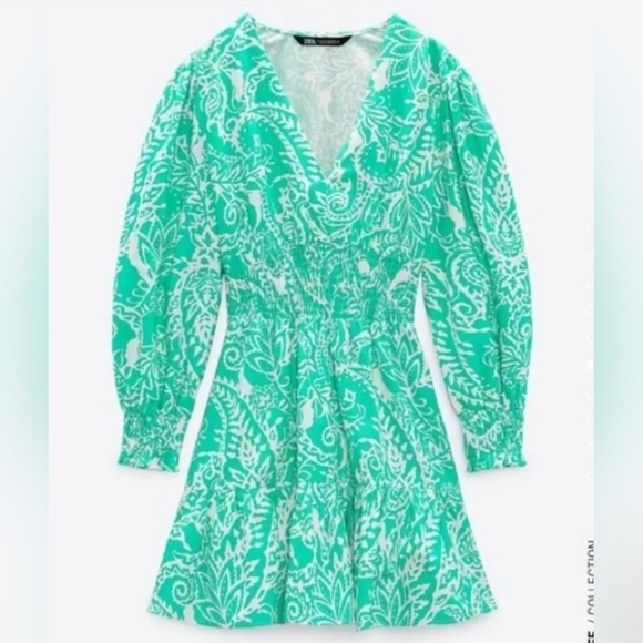 Zara Linen Long Sleeve Flirty Tropical Green Ruffled Linen Cotton Dress SIZE S - Picture 3 of 11